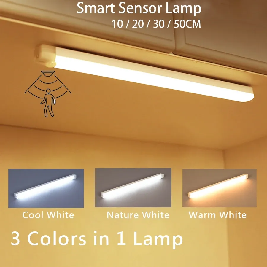 Veilleuse LED sans fil à détecteur de mouvement, rechargeable par USB, bande lumineuse pour armoire de cuisine, escalier et chevet