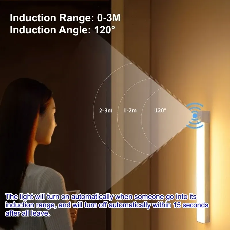 Veilleuse LED sans fil à détecteur de mouvement, rechargeable par USB, bande lumineuse pour armoire de cuisine, escalier et chevet 4