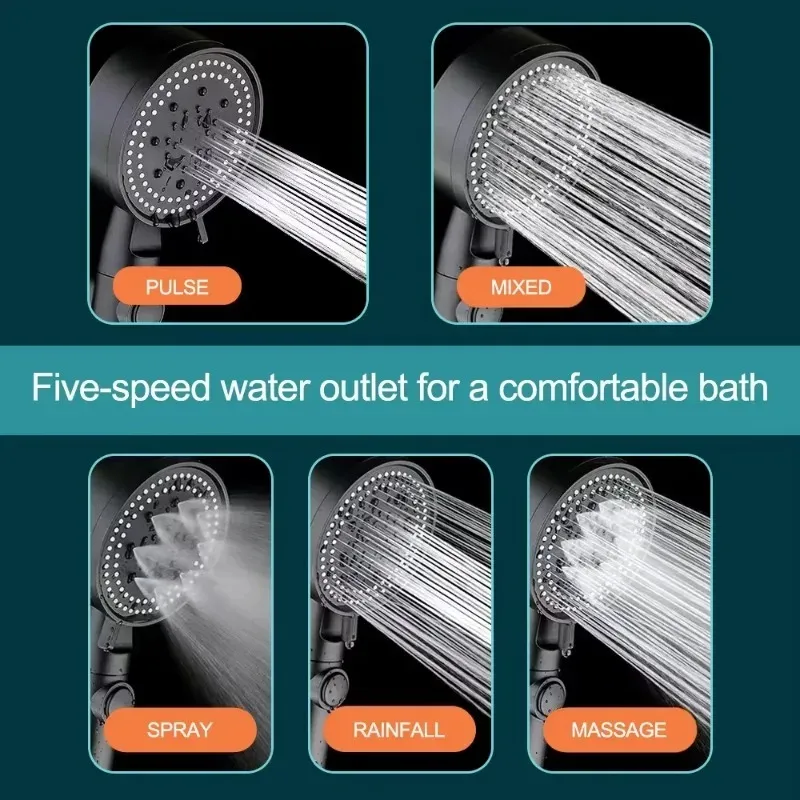 Pommeau de douche haute pression 5 modes avec flexible, économie d'eau et fonction arrêt 2