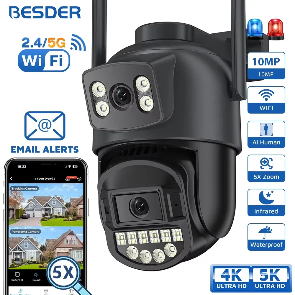 Caméra PTZ Wi-Fi extérieure BESDER 5K 10MP avec détection humaine par IA, double écran, 4K 8MP, audio bidirectionnel, alerte par e-mail et alarme, compatible O-KAM Pro - Image 1
