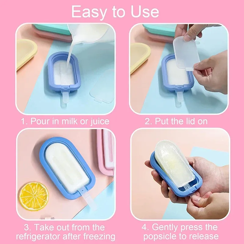 Moules à sucettes glacées en silicone avec bâtons, moules à crème glacée réutilisables, moule à Popsicle, machine à crème glacée DIY, moule à glaçons, ustensile de cuisine 4 pièces 4