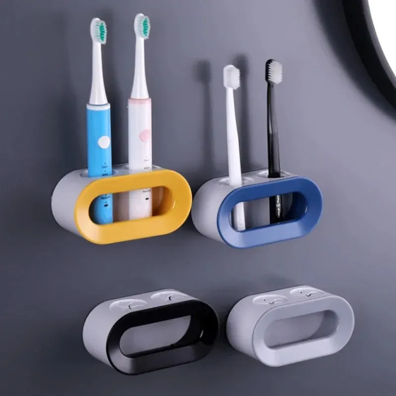 Porte-brosse à dents électrique mural auto-adhésif à double emplacement, rangement gain de place pour salle de bains 2