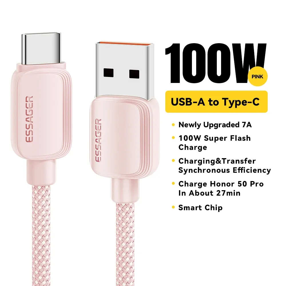 Câble USB-C Essager 7A 100 W à charge rapide, compatible Huawei, Honor, Xiaomi, OnePlus et Samsung 7