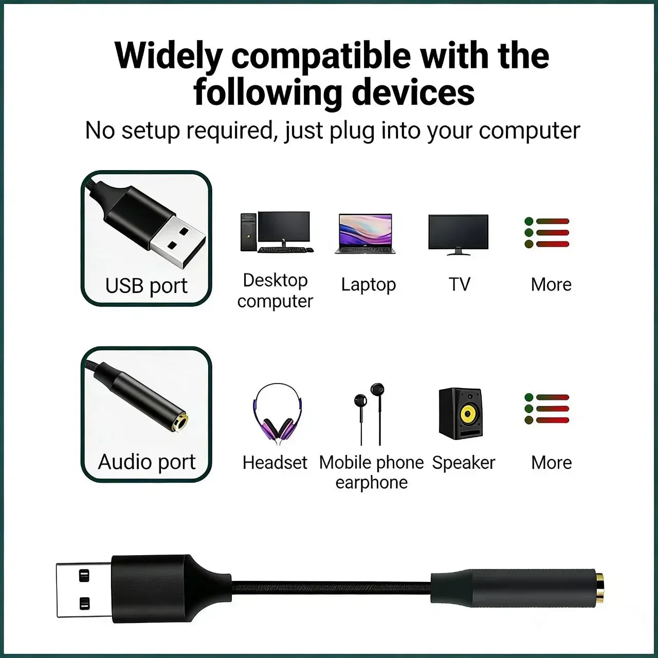 Adaptateur audio USB vers jack 3,5 mm avec carte son externe à réduction de bruit, plug & play sans parasites, compatible Windows, Mac et Linux 6