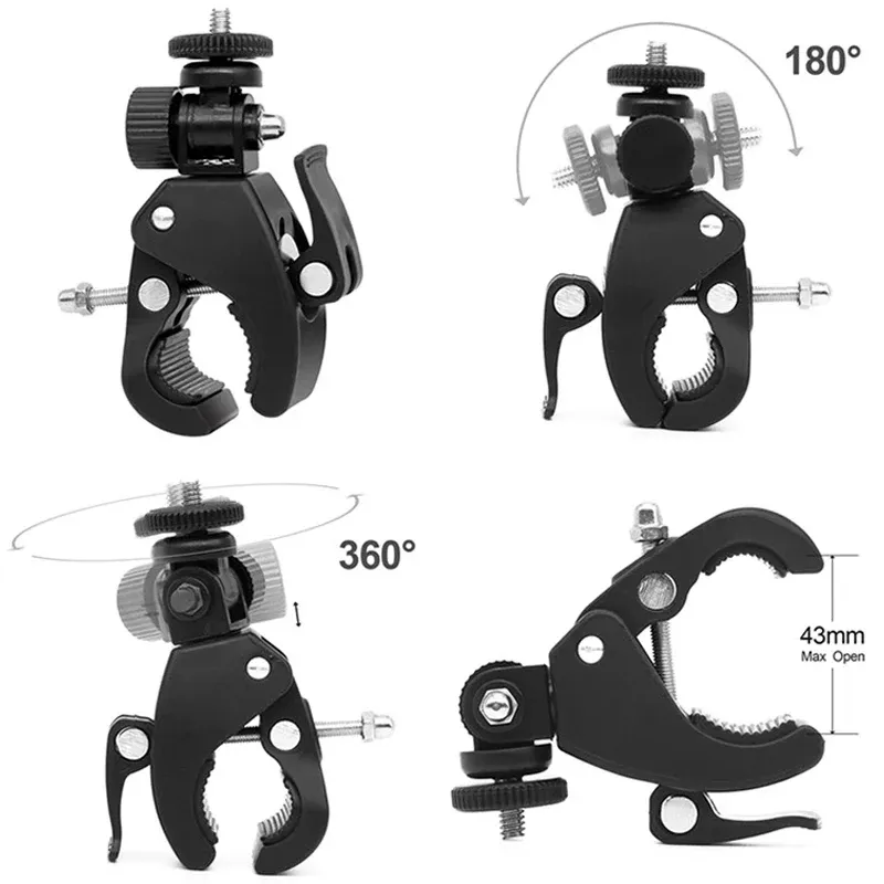 Support universel rotatif à 360° pour caméra DV et GoPro, à fixer sur guidon de vélo, avec pince, vis 1/4" et adaptateur trépied - Image 1