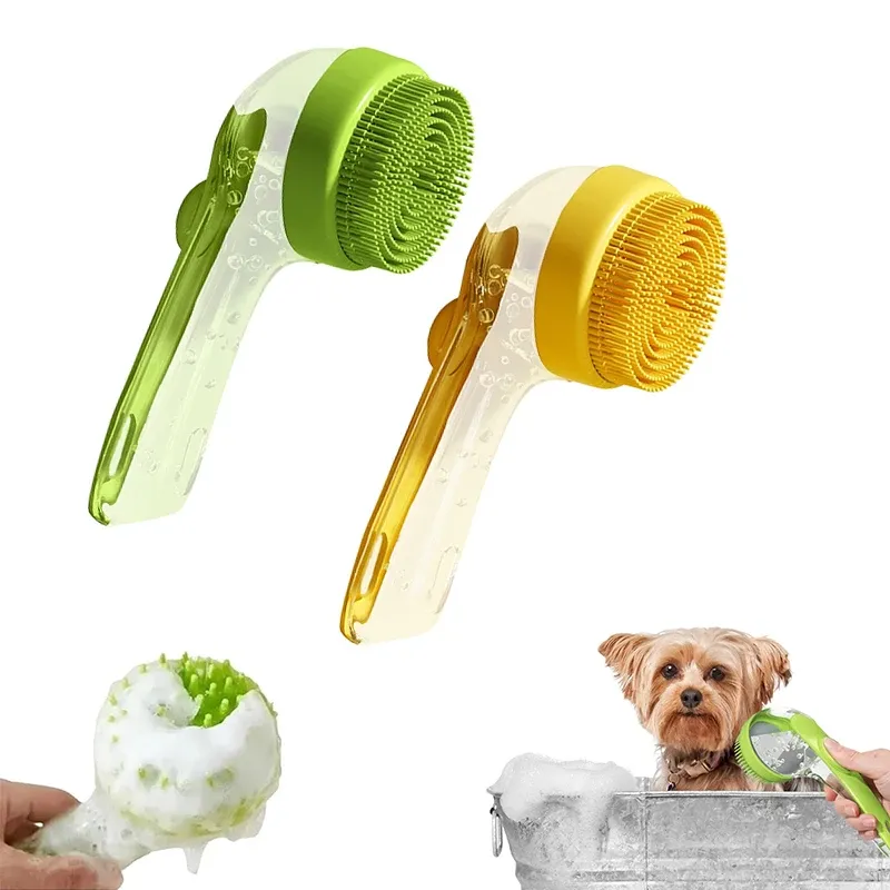 Brosse de bain pour animaux de compagnie à manche long en silicone souple, distributeur de shampoing intégré, outil de toilettage pour chien et chat - Image 1