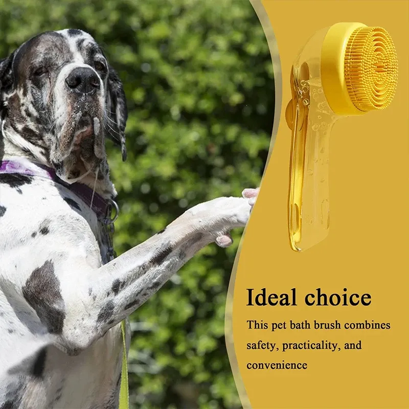 Brosse de bain pour animaux de compagnie à manche long en silicone souple, distributeur de shampoing intégré, outil de toilettage pour chien et chat 4