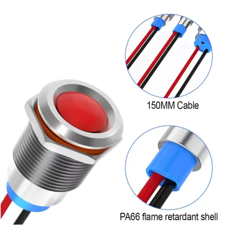 Voyant lumineux LED métallique étanche, 6 mm, avec fil, 6 V, 12 V, 24 V et 220 V, bouton rouge/jaune/bleu/vert/blanc 3
