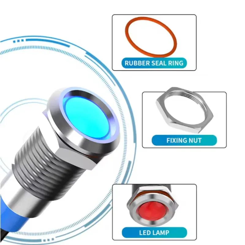 Voyant lumineux LED métallique étanche, 6 mm, avec fil, 6 V, 12 V, 24 V et 220 V, bouton rouge/jaune/bleu/vert/blanc 4