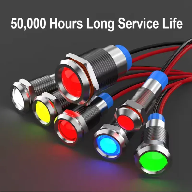 Voyant lumineux LED métallique étanche, 6 mm, avec fil, 6 V, 12 V, 24 V et 220 V, bouton rouge/jaune/bleu/vert/blanc 5