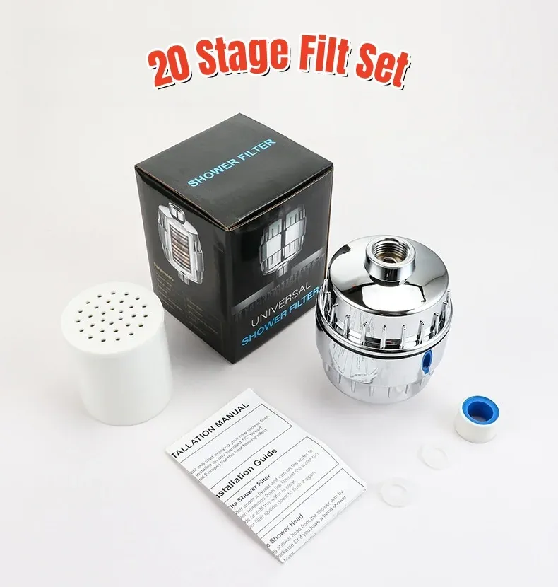 Filtre de douche revitalisant haut rendement, 15 à 20 étapes, élimine le chlore et les métaux lourds, adoucit l'eau dure, cartouche remplaçable 12