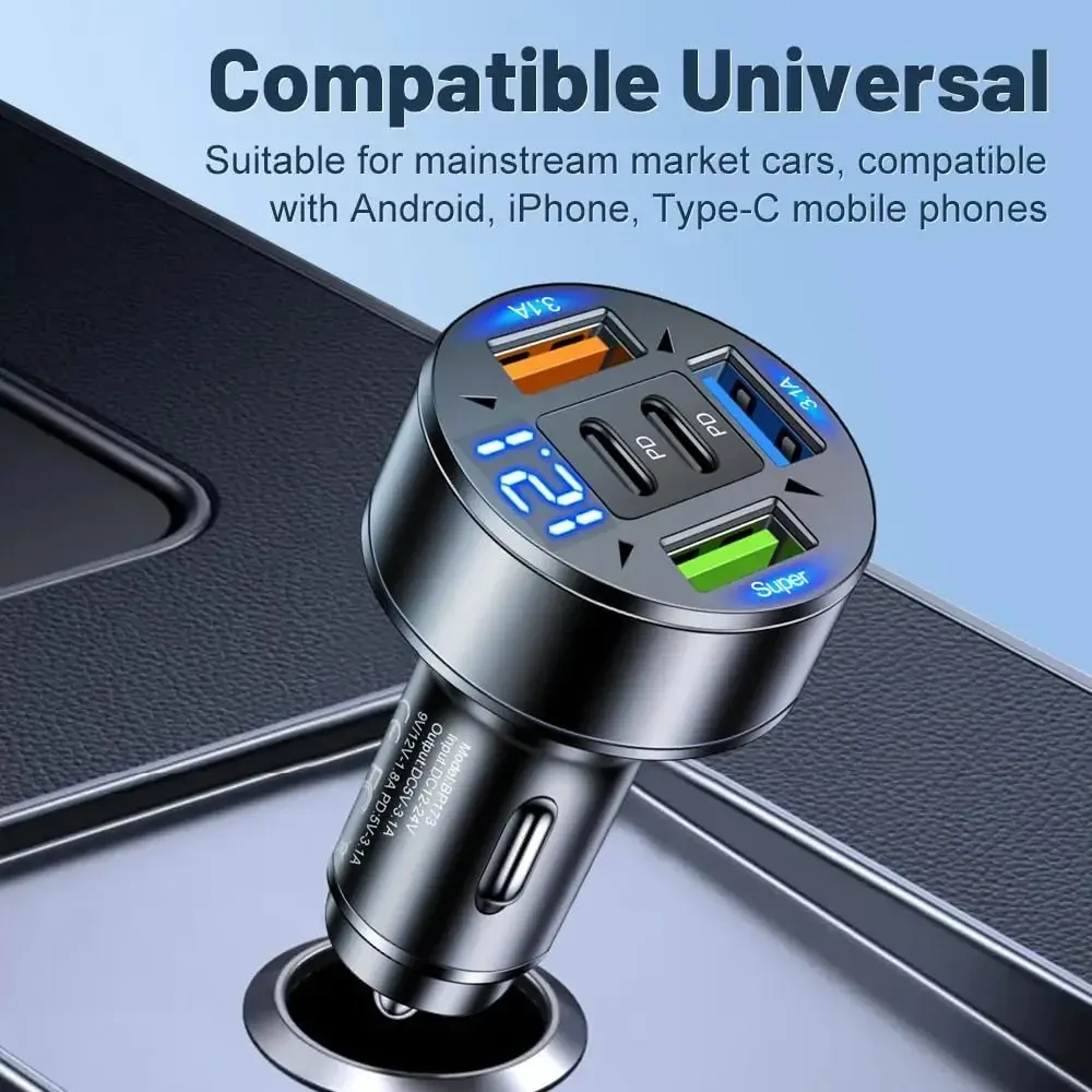 Chargeur de voiture 250 W 5 en 1 à charge rapide PD et QC 3.0, avec connecteur USB-C, compatible iPhone, Samsung Galaxy et iPad Pro, adaptateur allume-cigare multiport 3