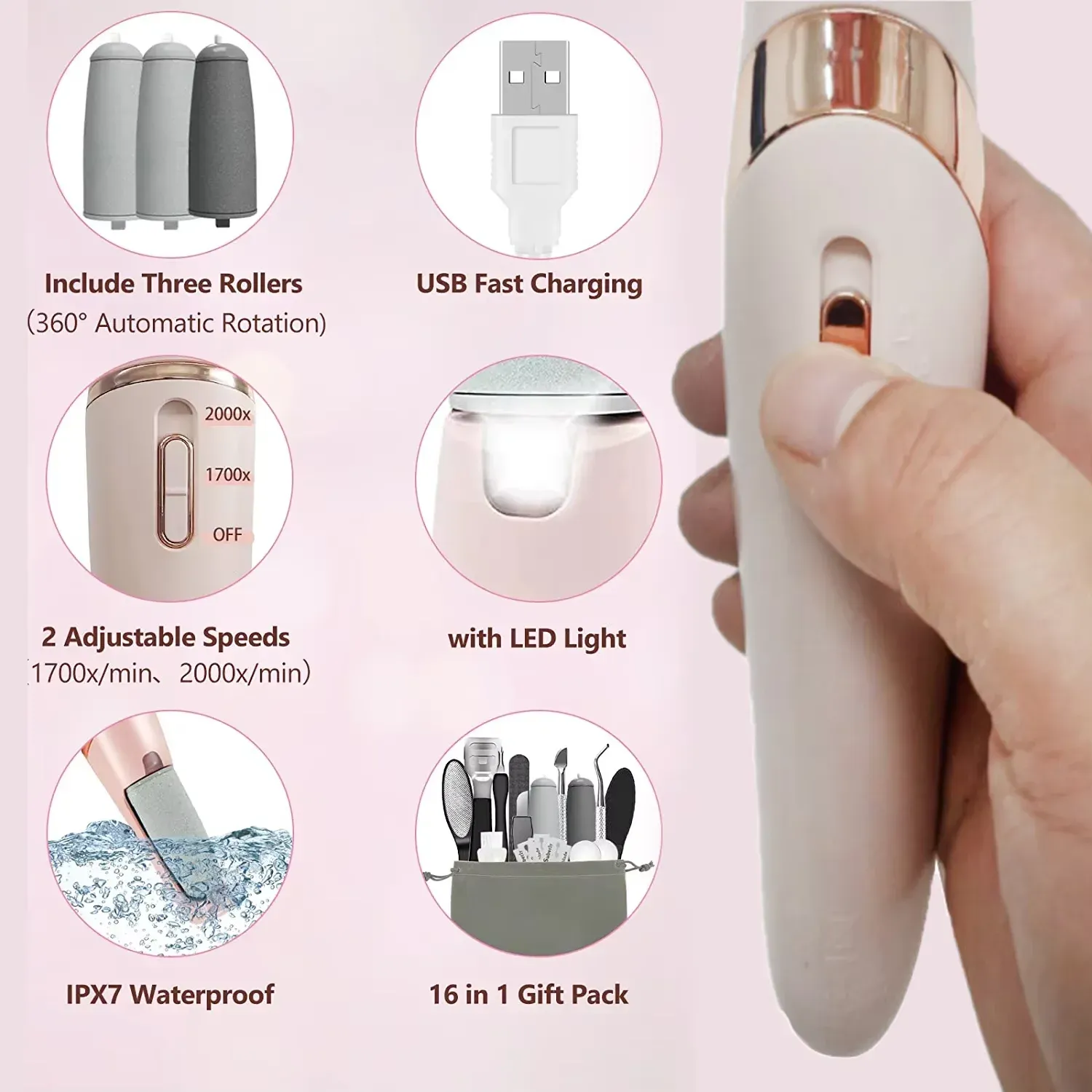 Lime électrique rechargeable pour pieds, ensemble 1 + 10 accessoires, anti-callosités, noir 3