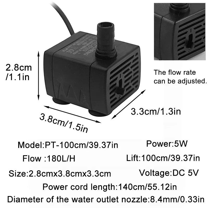 Pompe submersible USB ultra silencieuse pour aquarium, mini fontaine pour animaux de compagnie à débit réglable, 5 V 8