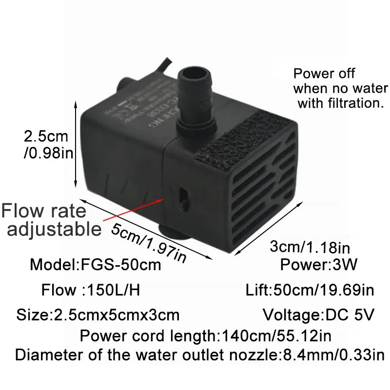 Pompe submersible USB ultra silencieuse pour aquarium, mini fontaine pour animaux de compagnie à débit réglable, 5 V 7
