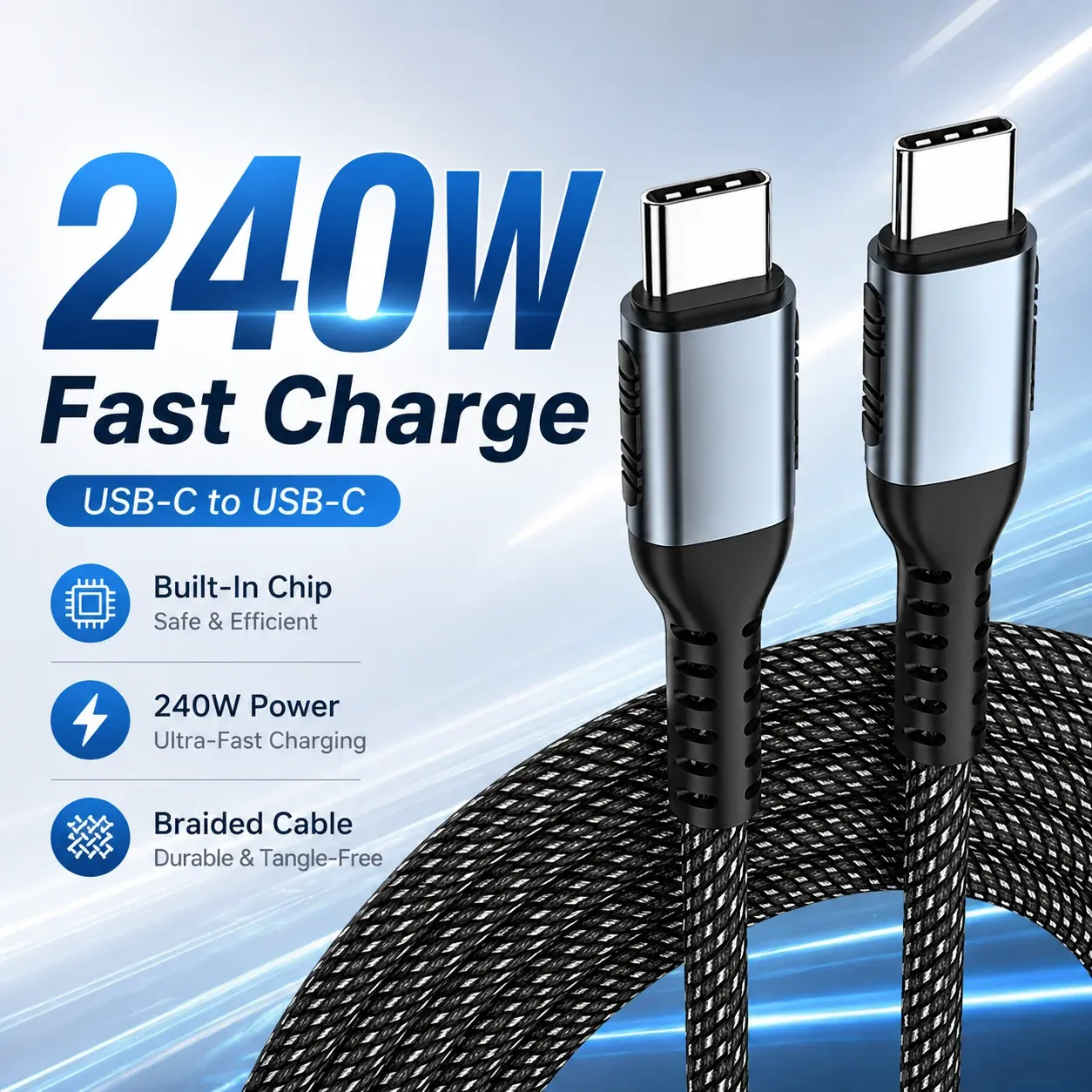 Câble de charge rapide USB-C vers USB-C 240 W PD 3.1 5 A avec puce E-Marker, gaine en nylon tressé, pour ordinateur portable, tablette et téléphone - Image 1