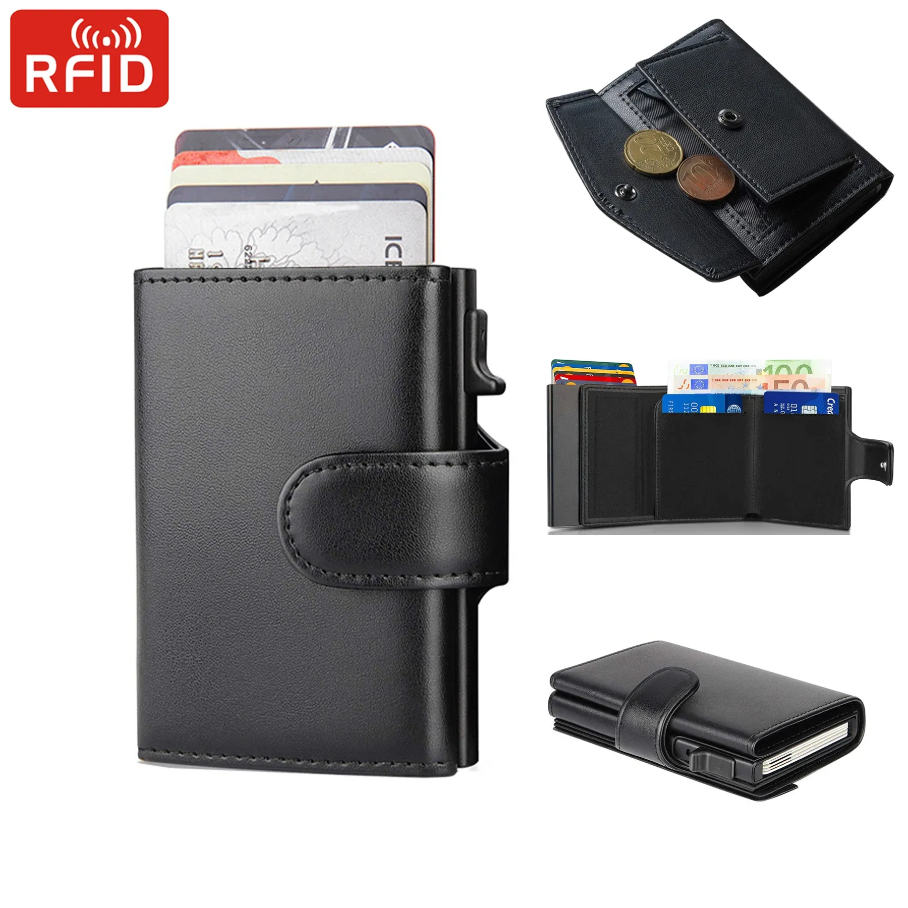Portefeuille fin pour homme en cuir PU avec protection RFID, porte-cartes à trois volets et compartiment pour pièces - Image 1
