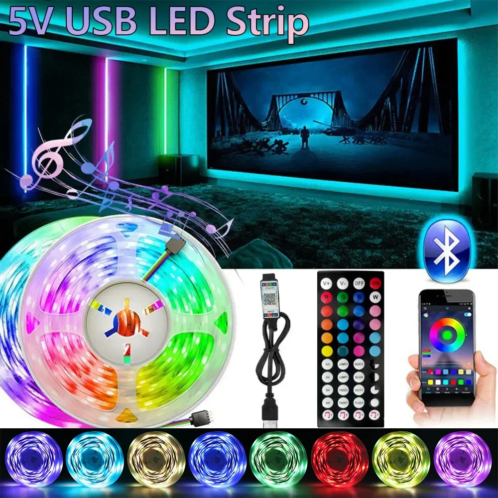 Bande LED USB RVB avec télécommande 44 touches pour chambre, salon et cuisine