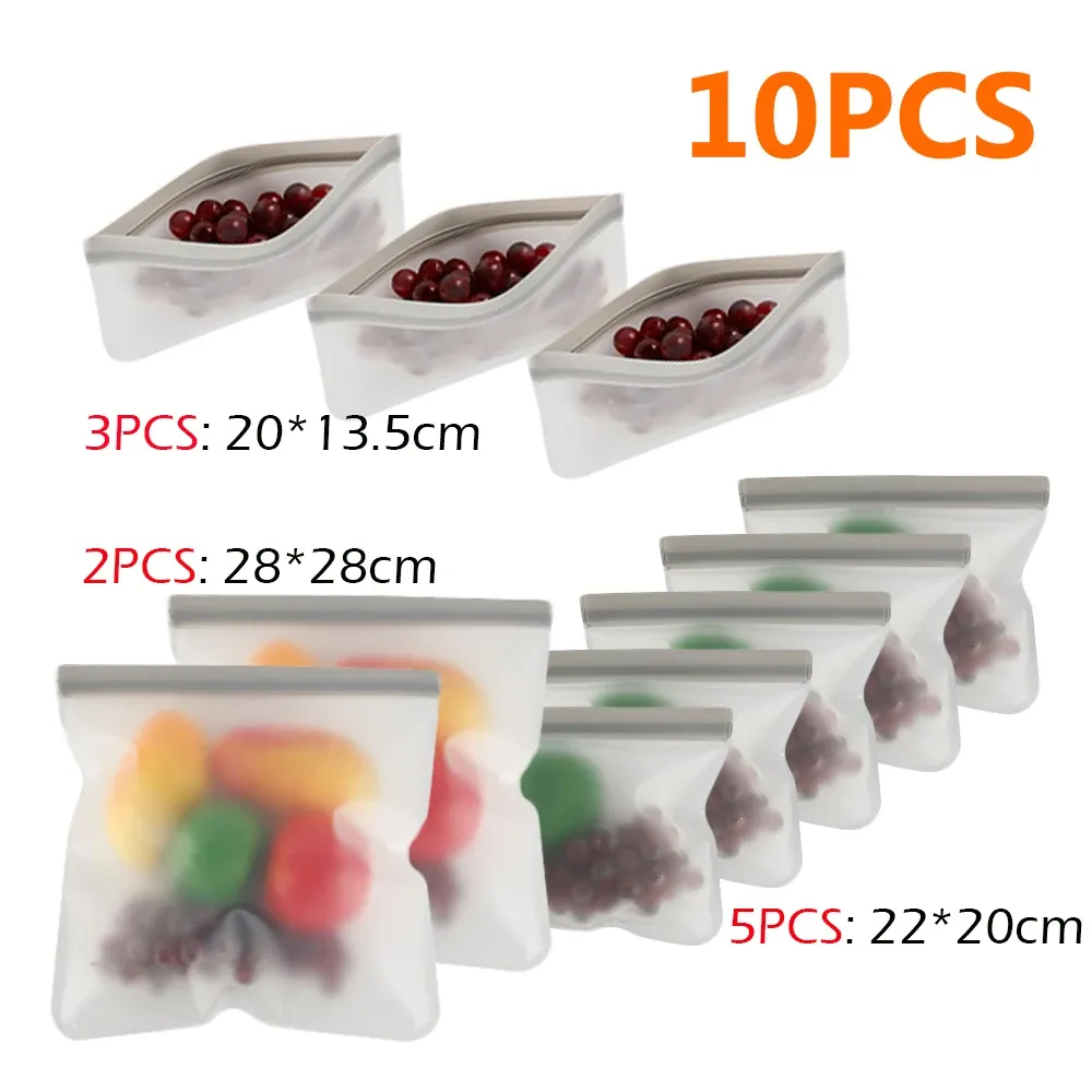 Sac de conservation des aliments en silicone, lot de 10, étanche et réutilisable, avec fermeture zippée 8