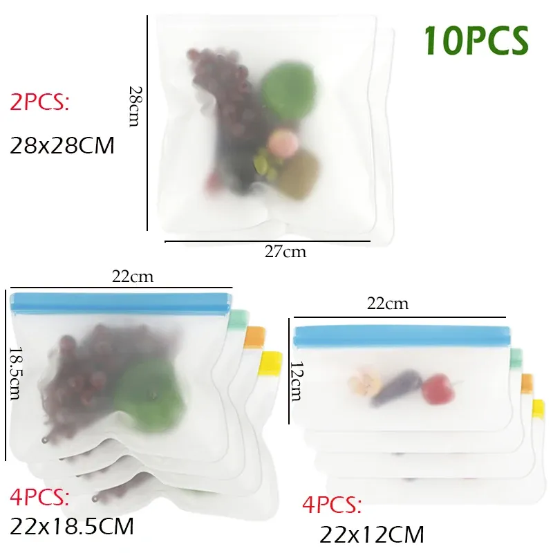 Sac de conservation des aliments en silicone, lot de 10, étanche et réutilisable, avec fermeture zippée 7