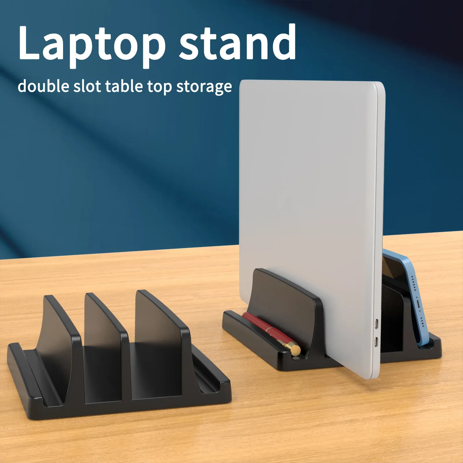 Support vertical pour ordinateur portable de bureau en plastique à double fente, design compact, compatible MacBook 2