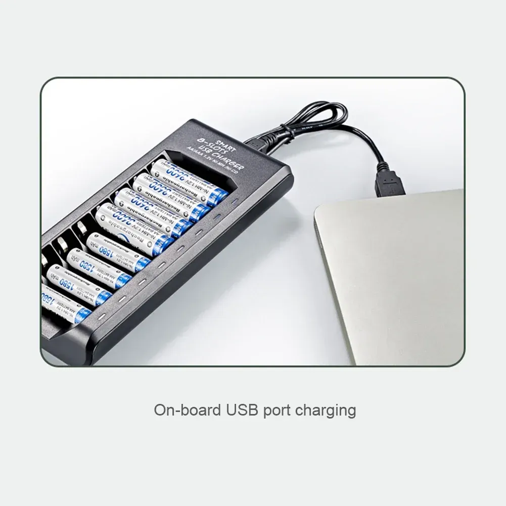 Chargeur de piles rechargeables USB 8 emplacements, charge rapide, protection contre les courts-circuits, pour piles NiMH AAA/AA 1,2 V 4