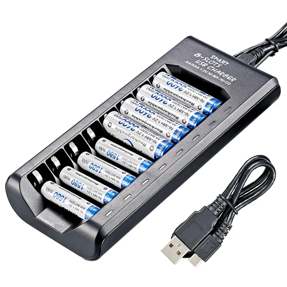 Chargeur de piles rechargeables USB 8 emplacements, charge rapide, protection contre les courts-circuits, pour piles NiMH AAA/AA 1,2 V 6