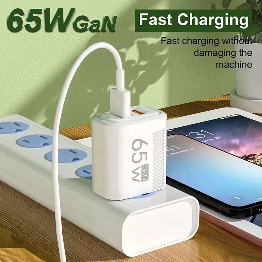 Chargeur mural GaN 65 W USB-C PD/QC 3.0 à charge rapide, prises EU/US, compatible iPhone, Samsung et Xiaomi 2