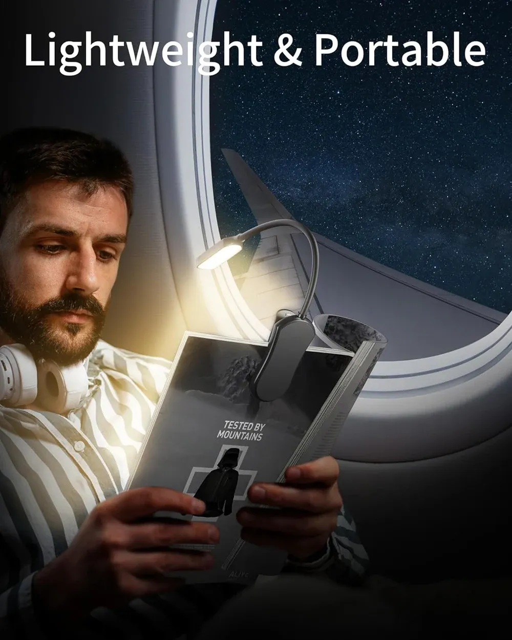 Lampe à pince flexible fixée au bord d'un livre