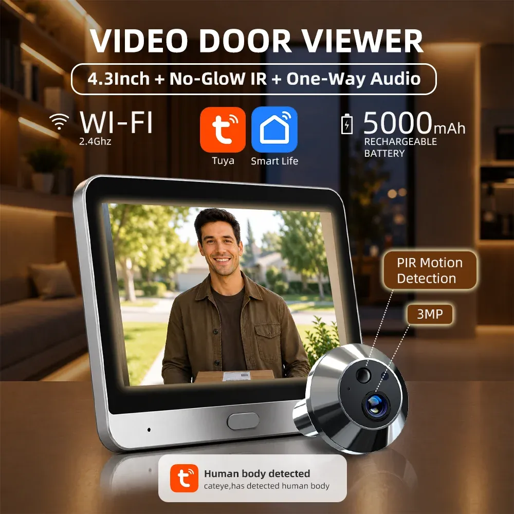 Judas numérique Tuya Smart 3 MP à grand angle 140°, mini visionneuse WiFi avec vision infrarouge et détection PIR, sonnette caméra de porte compatible Alexa et Google