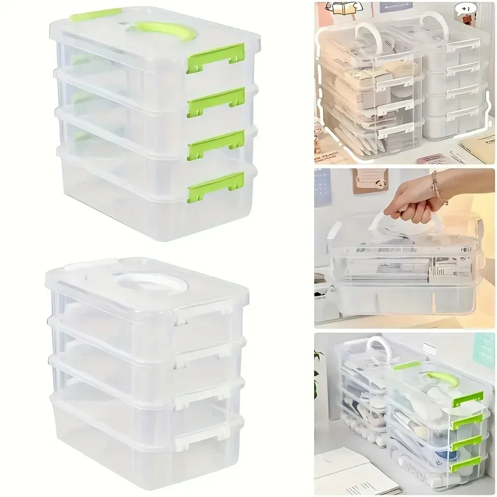 Boîte de rangement transparente en plastique à 4 niveaux avec couvercle à tiroir et compartiments, boîte de rangement portable pour blocs de construction 6