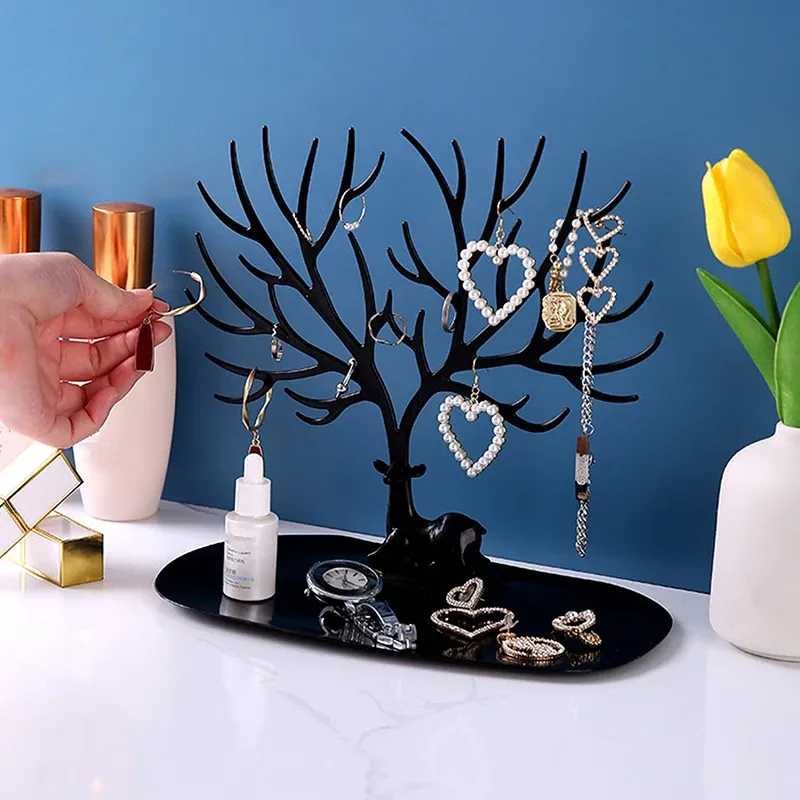 Présentoir à bijoux en forme d'arbre avec plateau, pour boucles d'oreilles, colliers et bagues 3