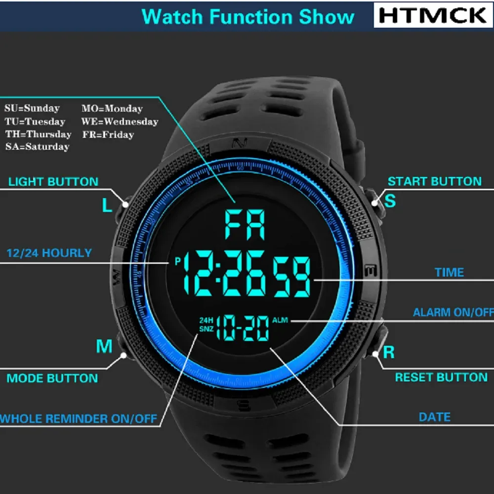 Montre de sport numérique pour homme étanche, lumineuse, avec chronomètre et alarme 6