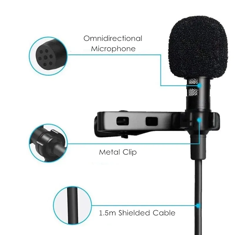 Microphone cravate miniature portable de 1,5 m, à condensateur, à pince, filaire, prise USB, jack 3,5 mm et USB-C, compatible ordinateur portable, PC et appareil photo reflex numérique 2