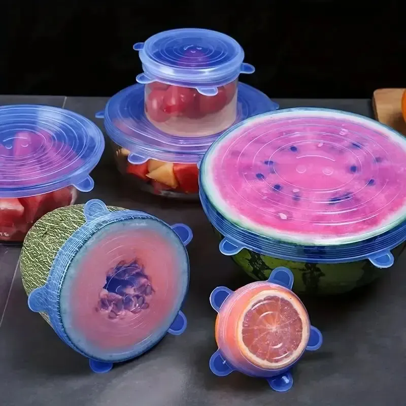 Couvercles en silicone réutilisables bleus, vue d'ensemble