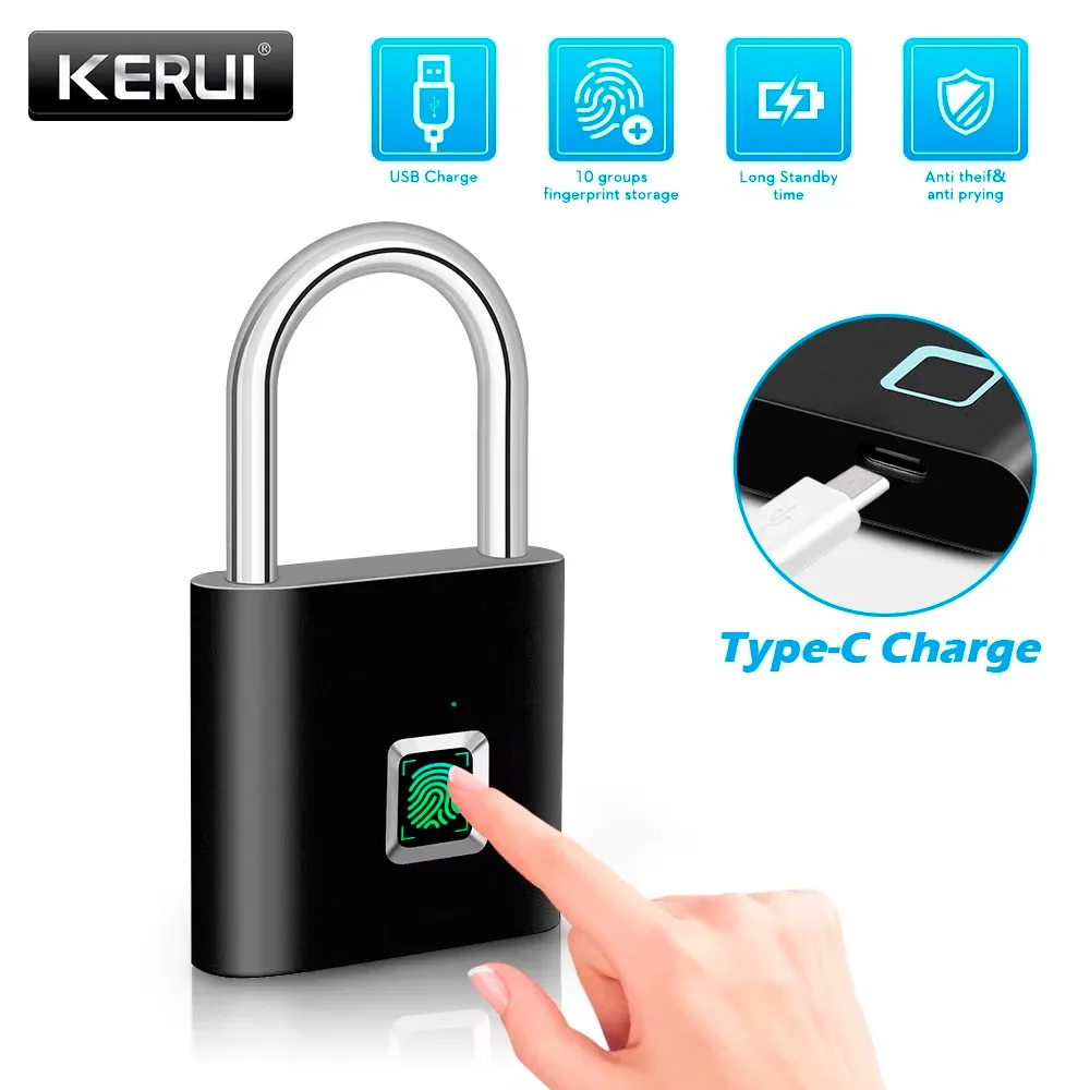 KERUI – Cadenas intelligent à empreinte digitale, étanche, serrure de porte sans clé, à recharge USB-C, cadenas de sécurité rechargeable pour la maison - Image 1