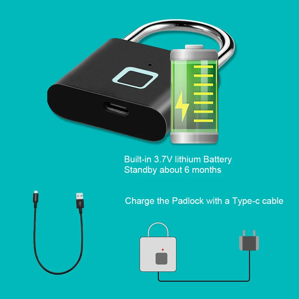 KERUI – Cadenas intelligent à empreinte digitale, étanche, serrure de porte sans clé, à recharge USB-C, cadenas de sécurité rechargeable pour la maison 6