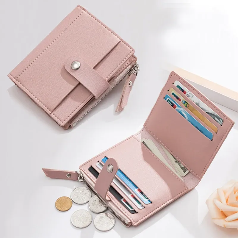 Portefeuille court en similicuir pour femme, mini format avec fermeture éclair et compartiments multiples pour cartes - Image 1