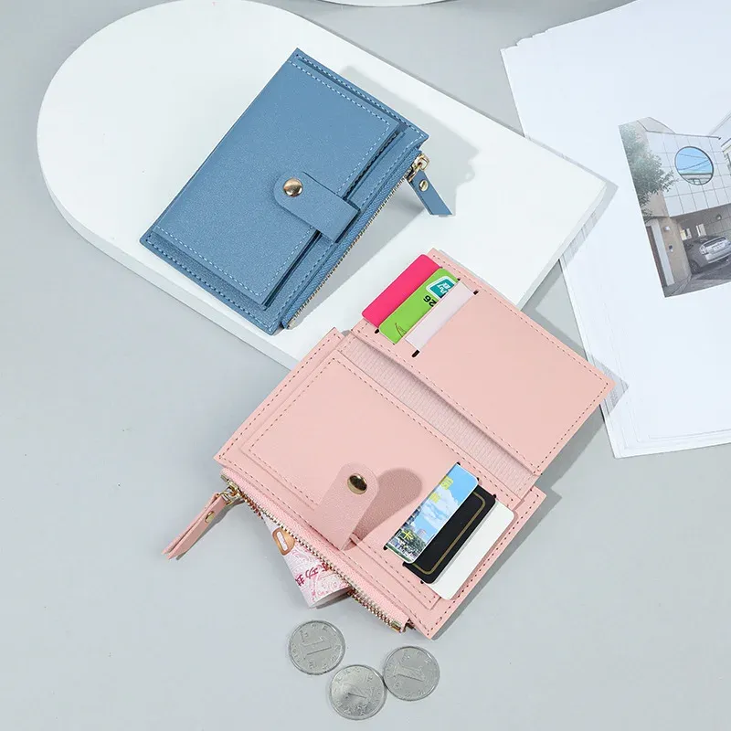 Portefeuille court en similicuir pour femme, mini format avec fermeture éclair et compartiments multiples pour cartes 2
