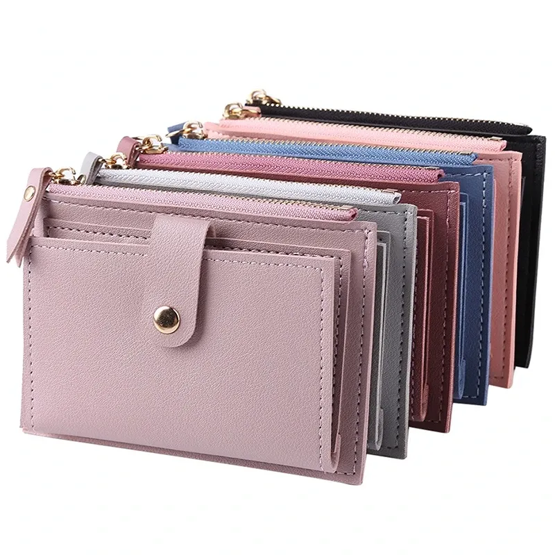 Portefeuille court en similicuir pour femme, mini format avec fermeture éclair et compartiments multiples pour cartes 4
