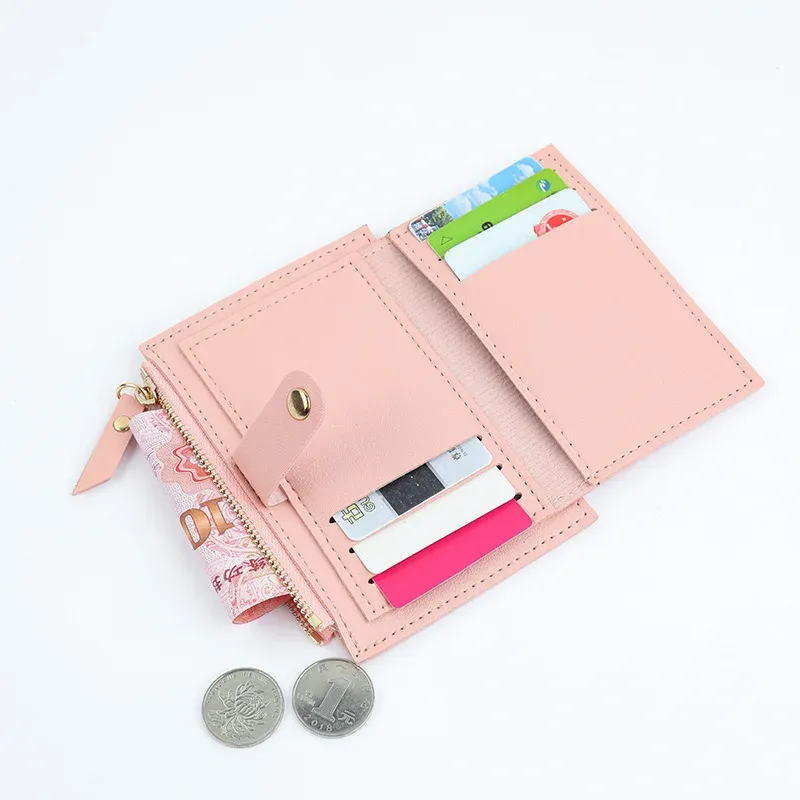 Portefeuille court en similicuir pour femme, mini format avec fermeture éclair et compartiments multiples pour cartes 5