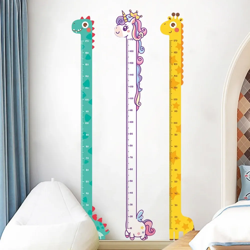 Toise murale autocollante pour enfants, motifs licorne, dinosaure et girafe