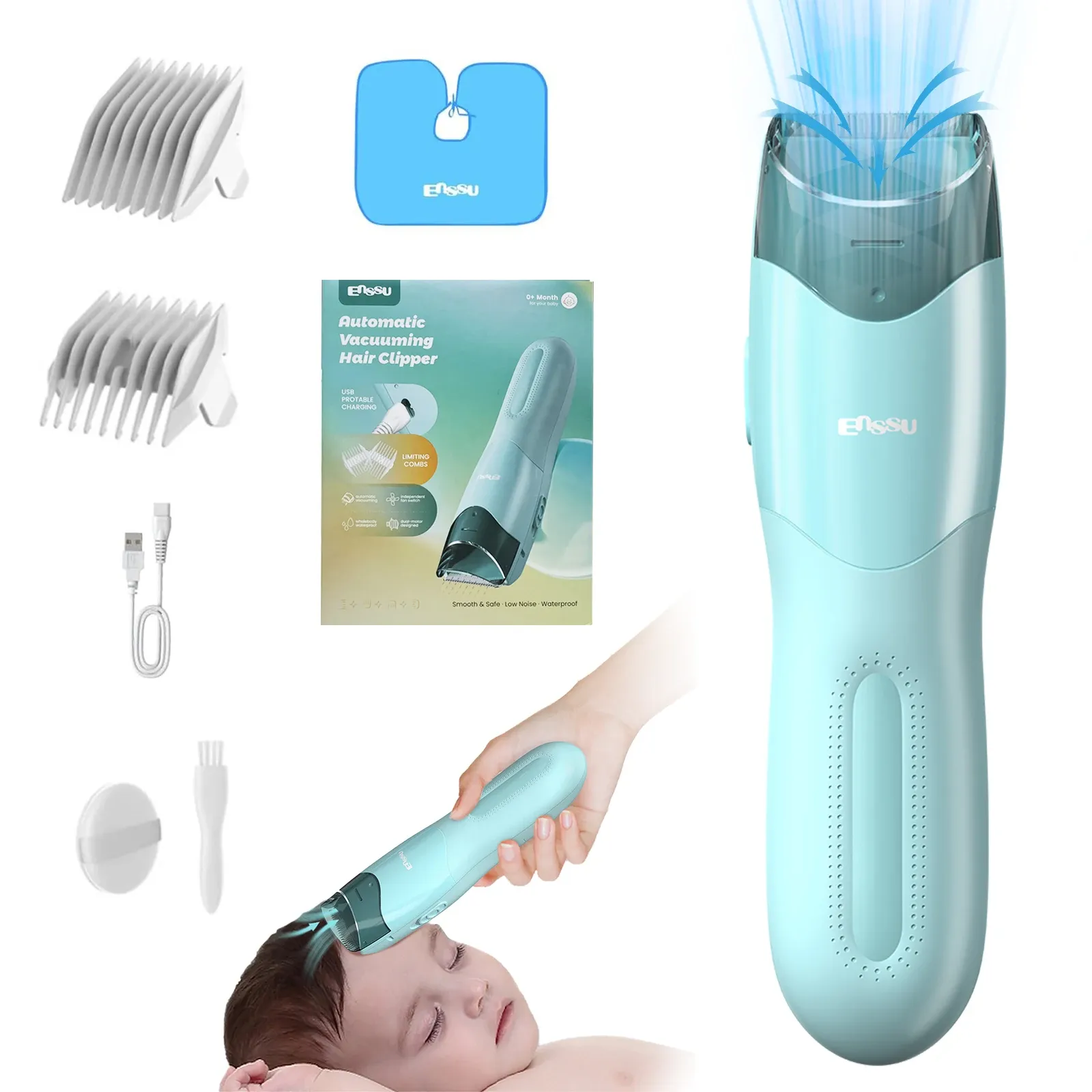 Tondeuse à cheveux sans fil rechargeable avec aspiration pour enfants et hommes, lame en céramique sécurisée, étanche - Image 1