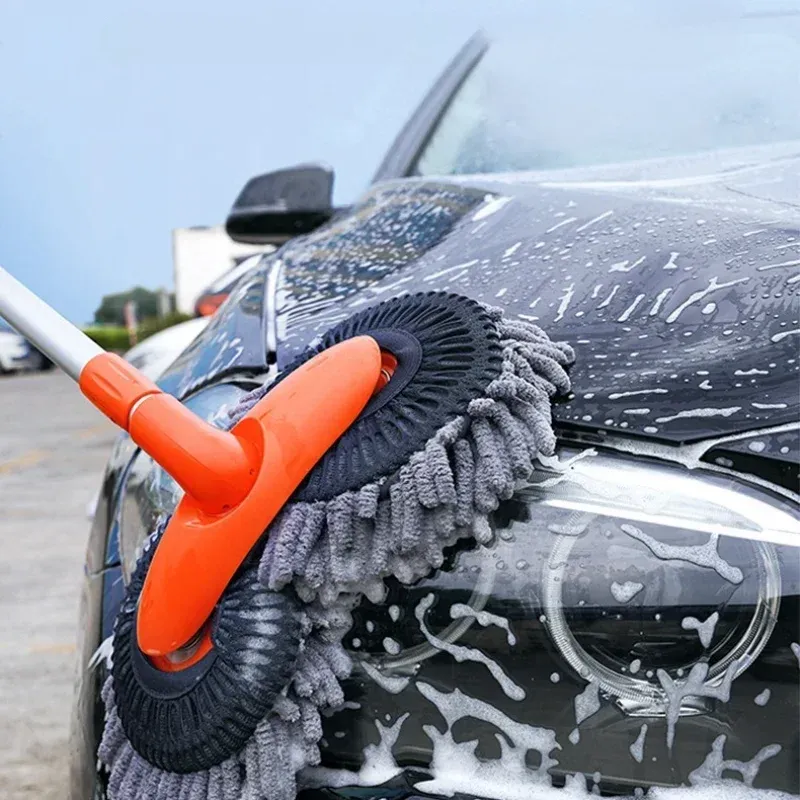 Vadrouille de lavage de voiture à double tête rotative et manche télescopique à trois sections 2