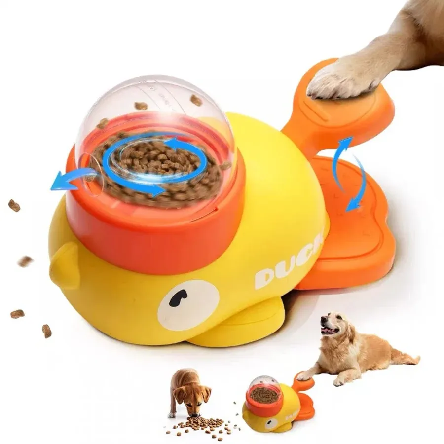 Jouet interactif 2-en-1 pour chien avec distributeur de friandises, design canard de dessin animé et mangeoire lente, idéal pour l'entraînement