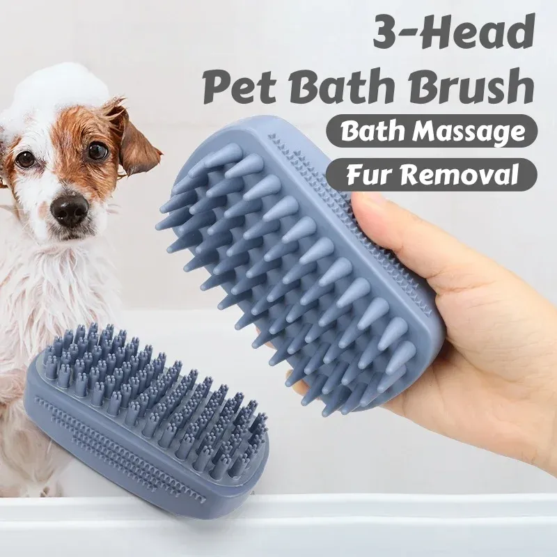 Brosse de massage de bain en silicone à 3 têtes pour chats et chiens – Collecte 96 % des poils humides lors du lavage – Outil de toilettage - Image 1