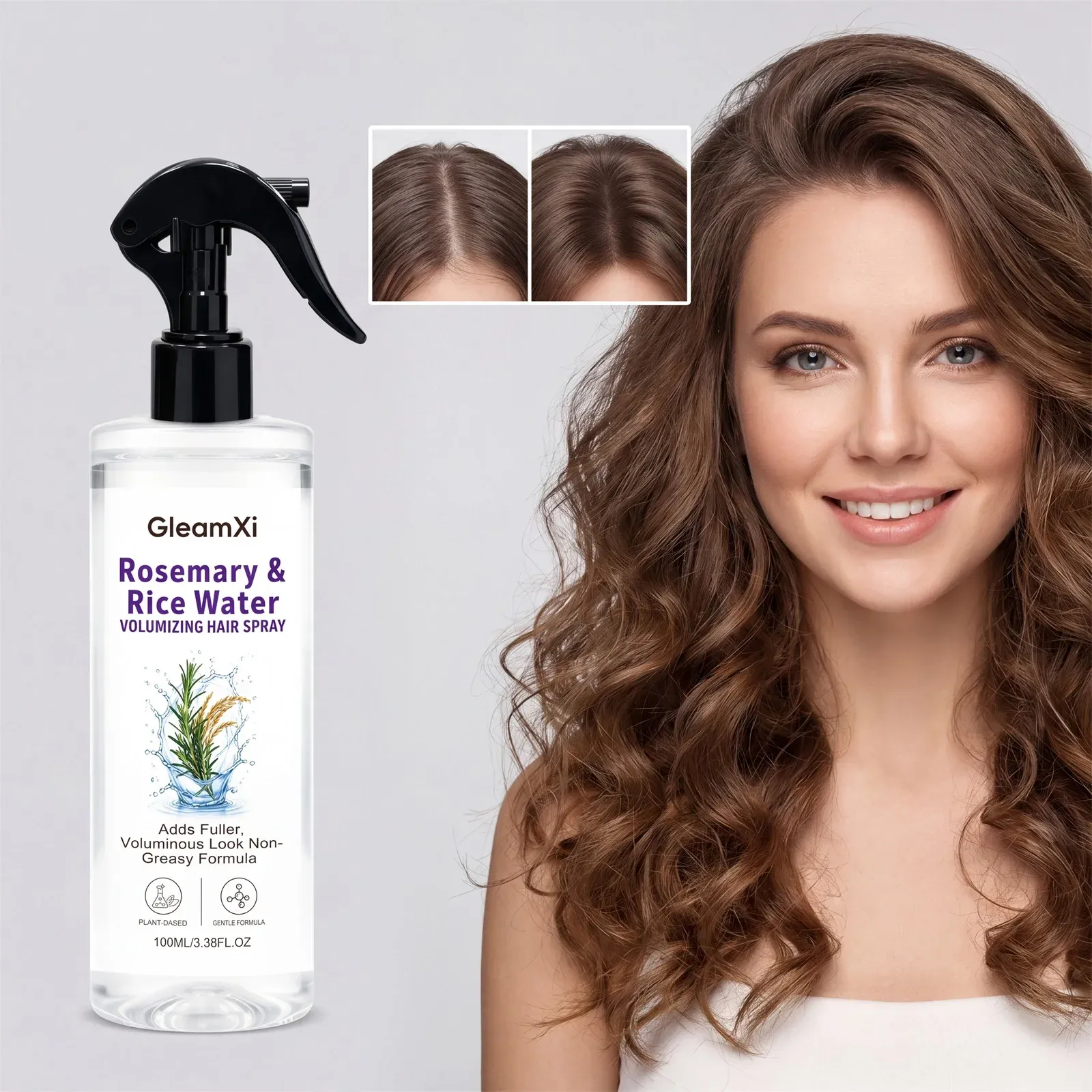 Spray capillaire à l'eau de riz et romarin pour cheveux fins et plats, sans rinçage - Image 1