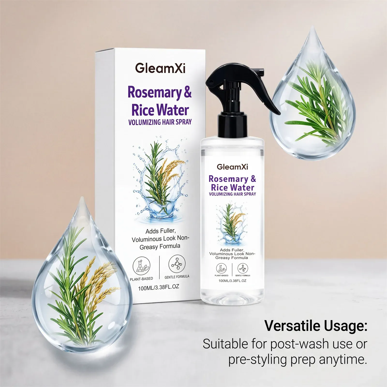 Spray capillaire à l'eau de riz et romarin, détail du flacon