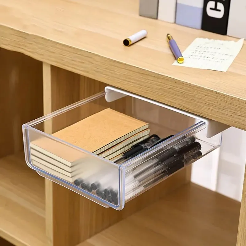 Tiroir de rangement transparent auto-adhésif à fixer sous le bureau, coloris blanc et gris - Image 1