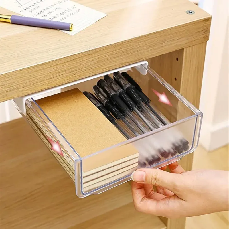 Tiroir de rangement transparent auto-adhésif à fixer sous le bureau, coloris blanc et gris 4